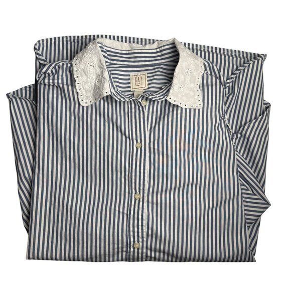 Gap X DOEN Eyelet Lace Collar Button Down Big Shirt Blue Stripe 100% Cotton L - Picture 10 of 11